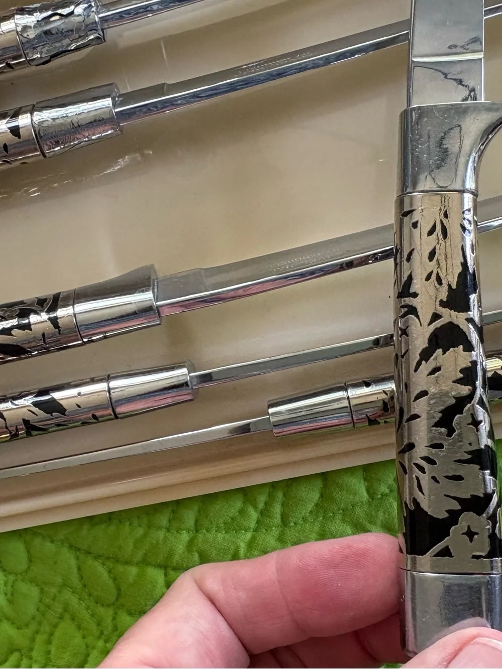 Vtg Carvel Hall Steak Knives by Briddell Floral Silver Overlay Black Set of 8